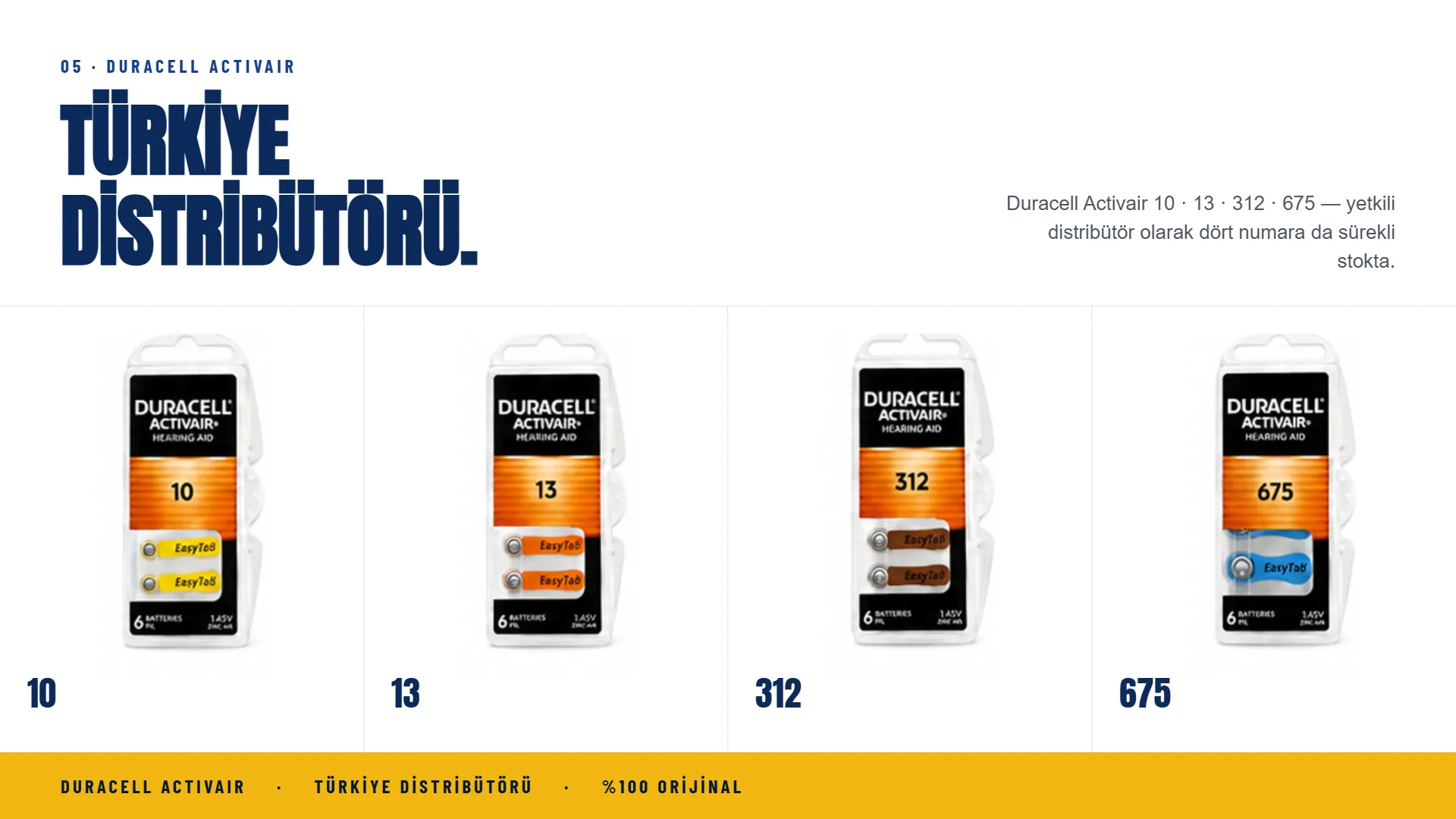 Duracell Activair — Türkiye distribütörü. 10, 13, 312, 675 numaralar yetkili distribütör güvencesiyle sürekli stokta.