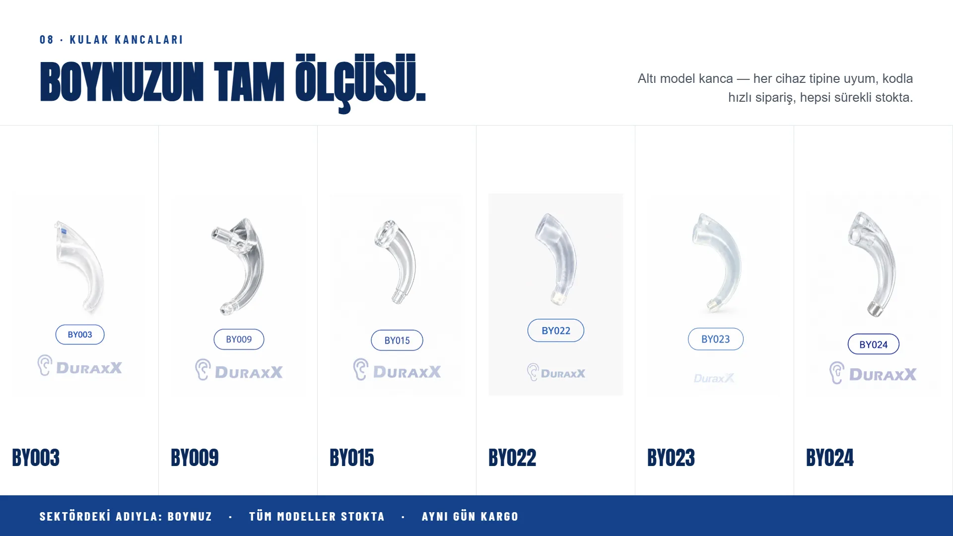 Kulak kancaları — Boynuzun tam ölçüsü. Altı model kanca, her cihaz tipine uyum, hepsi sürekli stokta.